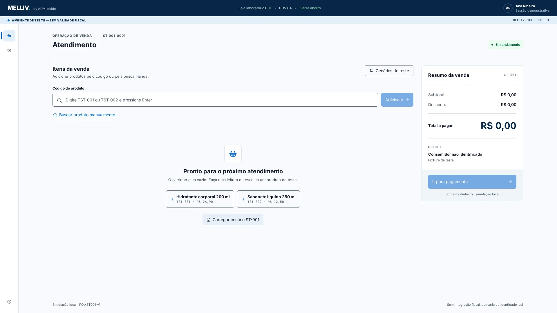 Protótipo do MELLIV PDV: tela de atendimento com campo de código do produto, carrinho vazio, produtos de teste e resumo da venda, em ambiente de teste sem validade fiscal